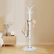 White Metal Coat Rack with Marble Base 360° Rotating Hooks Freestanding Stand