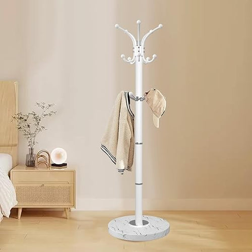 White Metal Coat Rack with Marble Base 360° Rotating Hooks Freestanding Stand