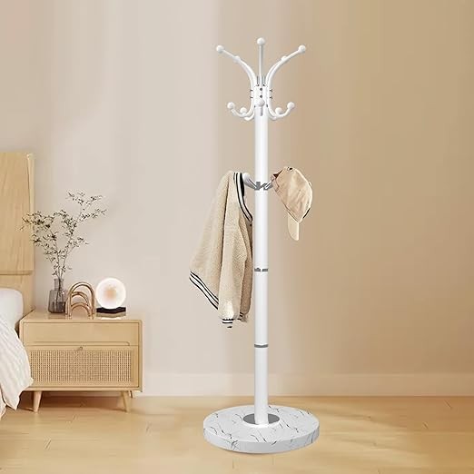 White Metal Coat Rack with Marble Base 360° Rotating Hooks Freestanding Stand