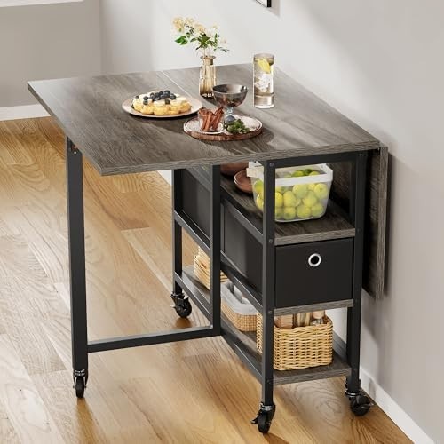 Grey Oak Folding Dining Table Drop Leaf Mobile with Storage 120cm
