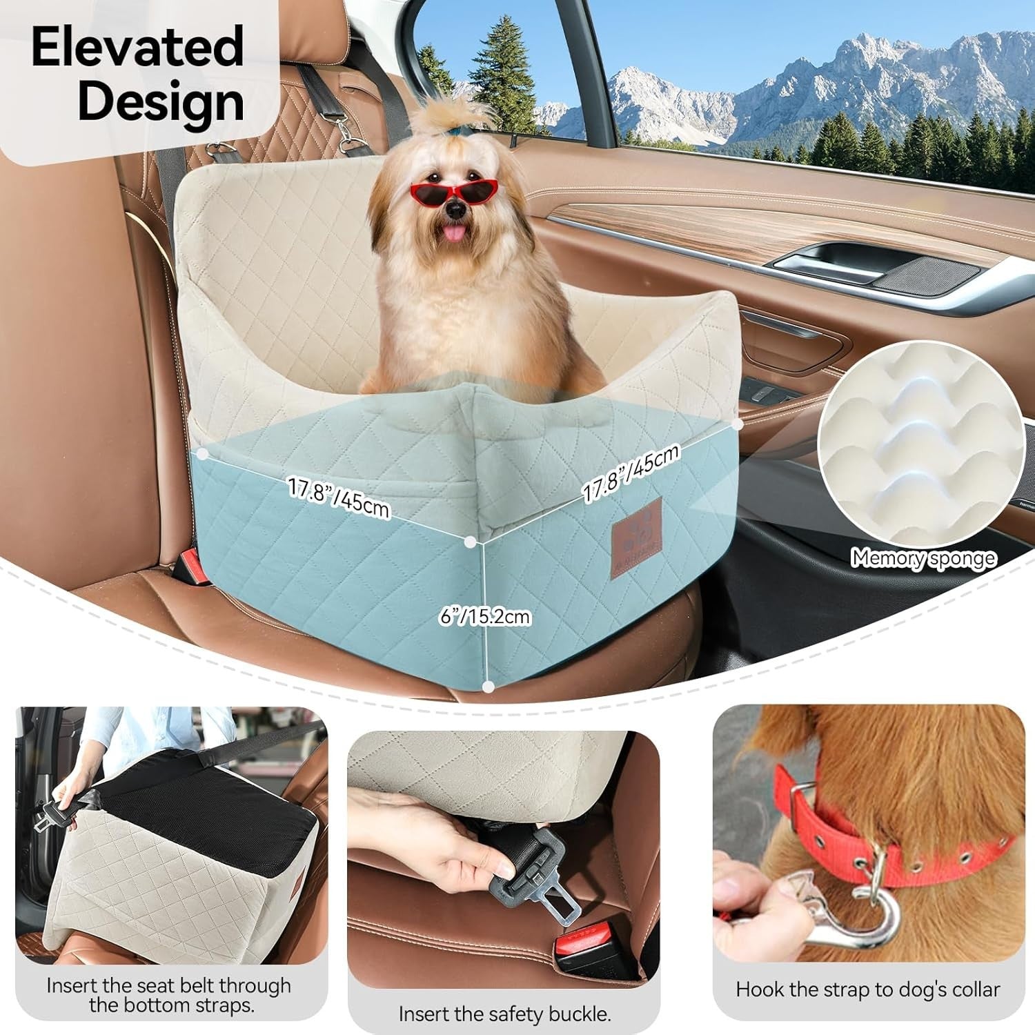Elevated Memory Foam Dog Car Seat Washable Booster Bed Up to 35lbs