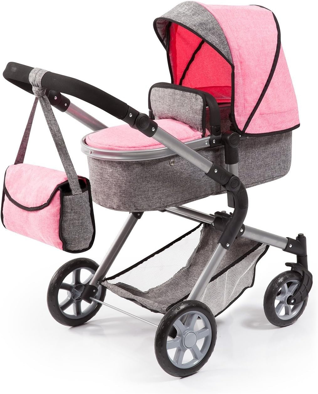 Dolls Pram Pushchair Convertible Adjustable Handle Basket Bag Toy