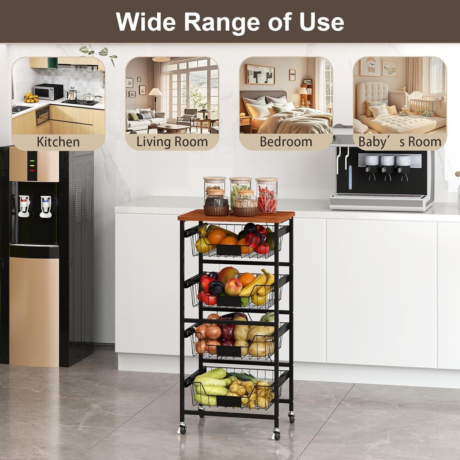 5 Tier Rolling Storage Cart Utility Trolley Pull Out Baskets Wheels
