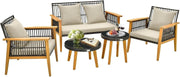 5pc Garden Sofa Set Wood Rattan Outdoor Furniture Cushions & Tables