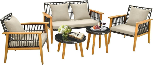 5pc Garden Sofa Set Wood Rattan Outdoor Furniture Cushions & Tables