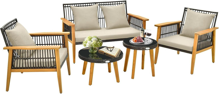 5pc Garden Sofa Set Wood Rattan Outdoor Furniture Cushions & Tables