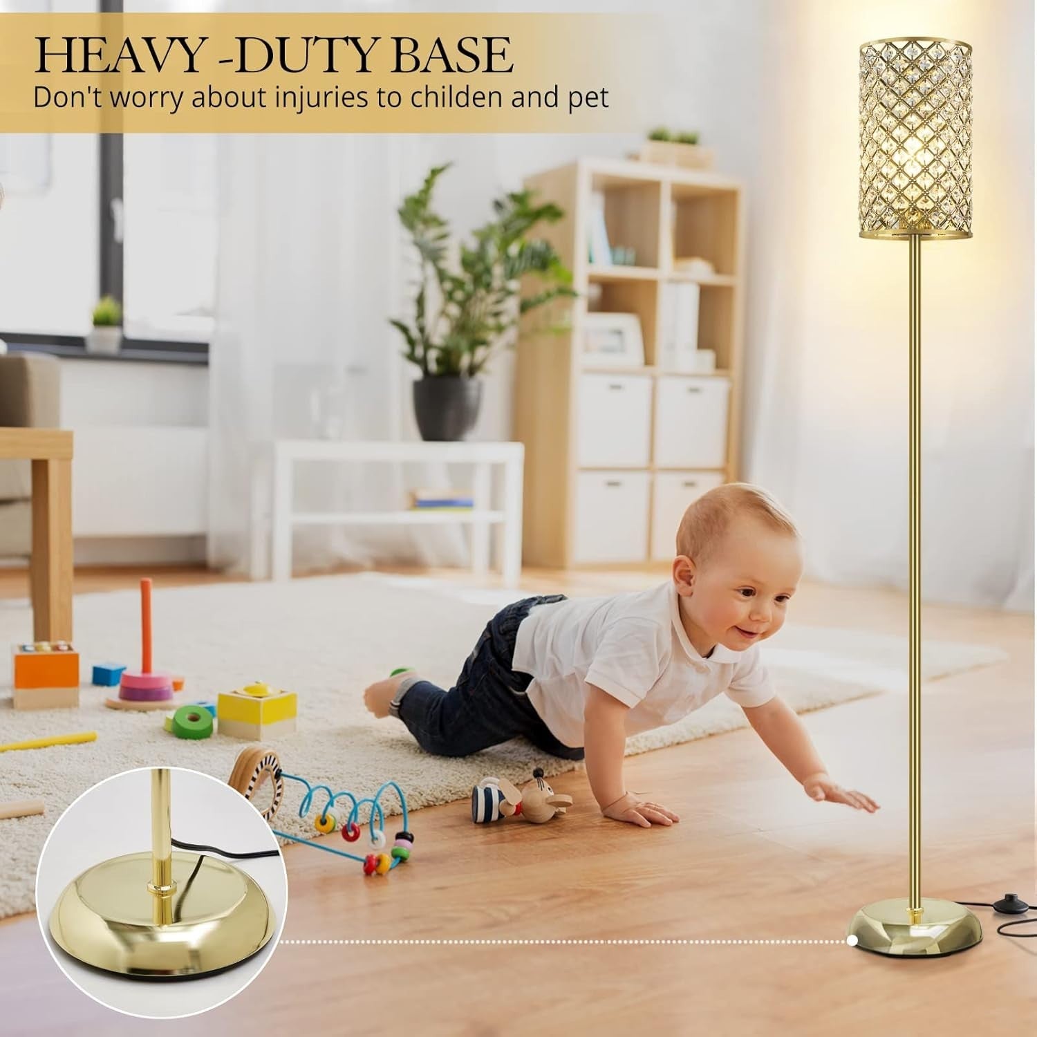 Gold Crystal Floor Lamp Modern Standing Light Foot Switch Tall Slim Design