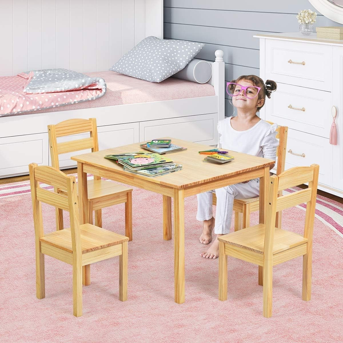 Kids Wooden Table & 4 Chairs Set Toddler Activity Desk for Play & Learning