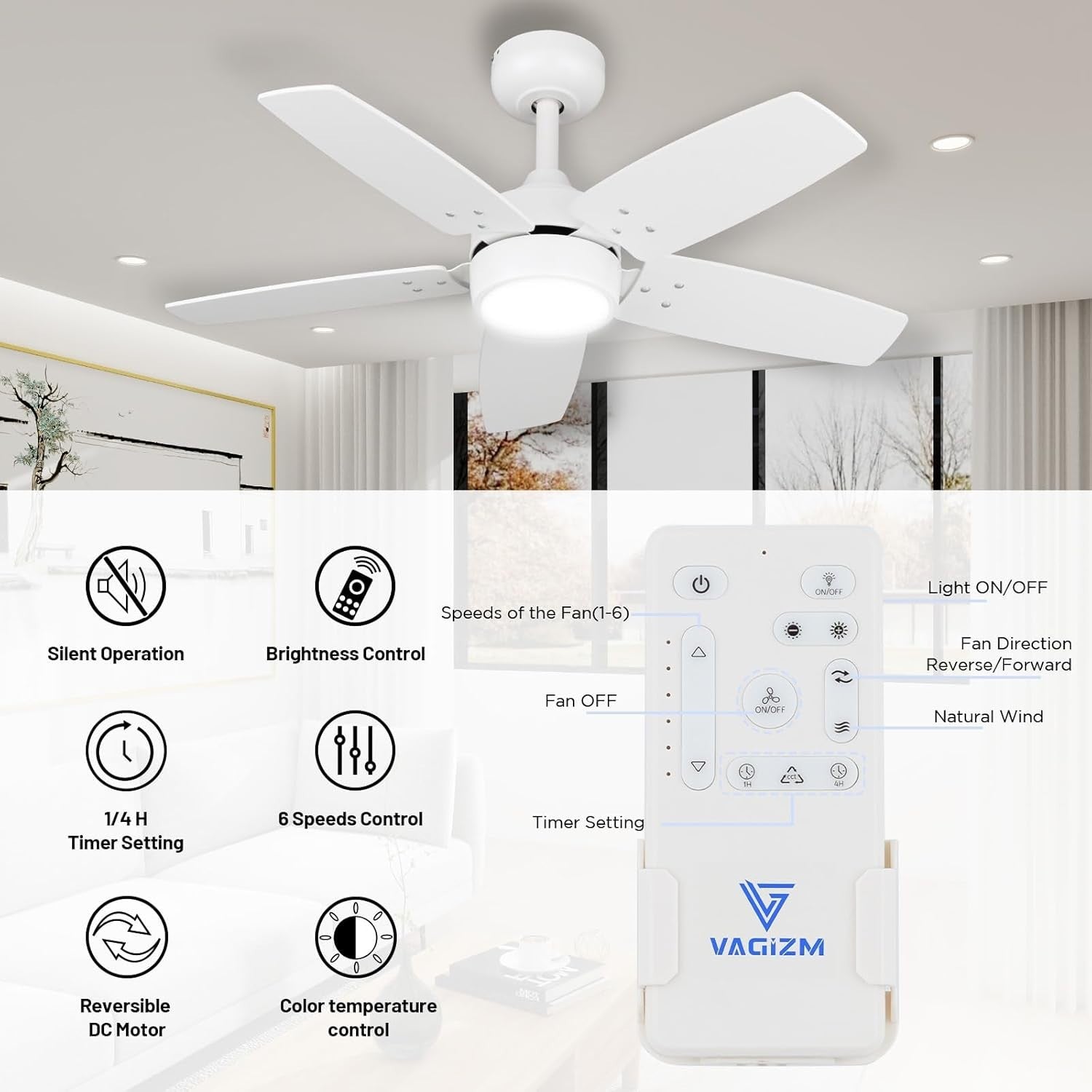Vagizm 36" Ceiling Fan with Light, 6-Speed Quiet DC Motor, Matte White