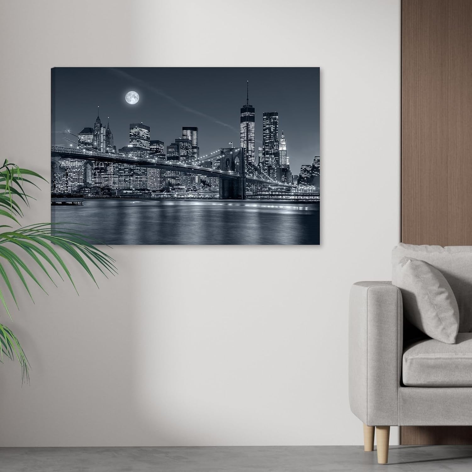 Black White Cityscape Canvas Wall Art Framed Modern Urban Night Decor