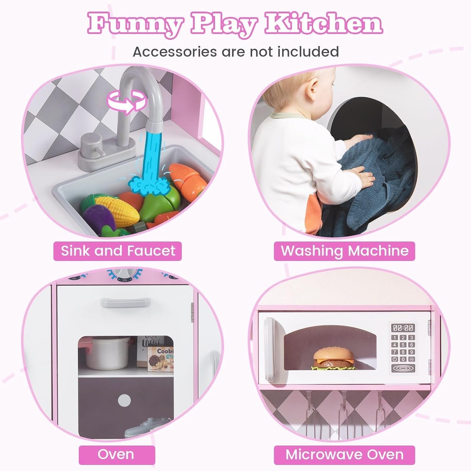 Large Wooden Kids Play Kitchen Pink White Lights Sounds Toy Set