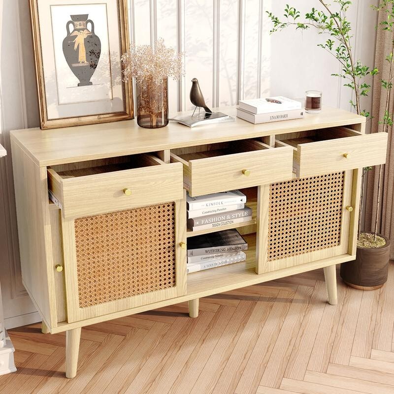 Rattan Sideboard Cabinet 3 Drawer Storage Unit 120cm Boho Retro Wood