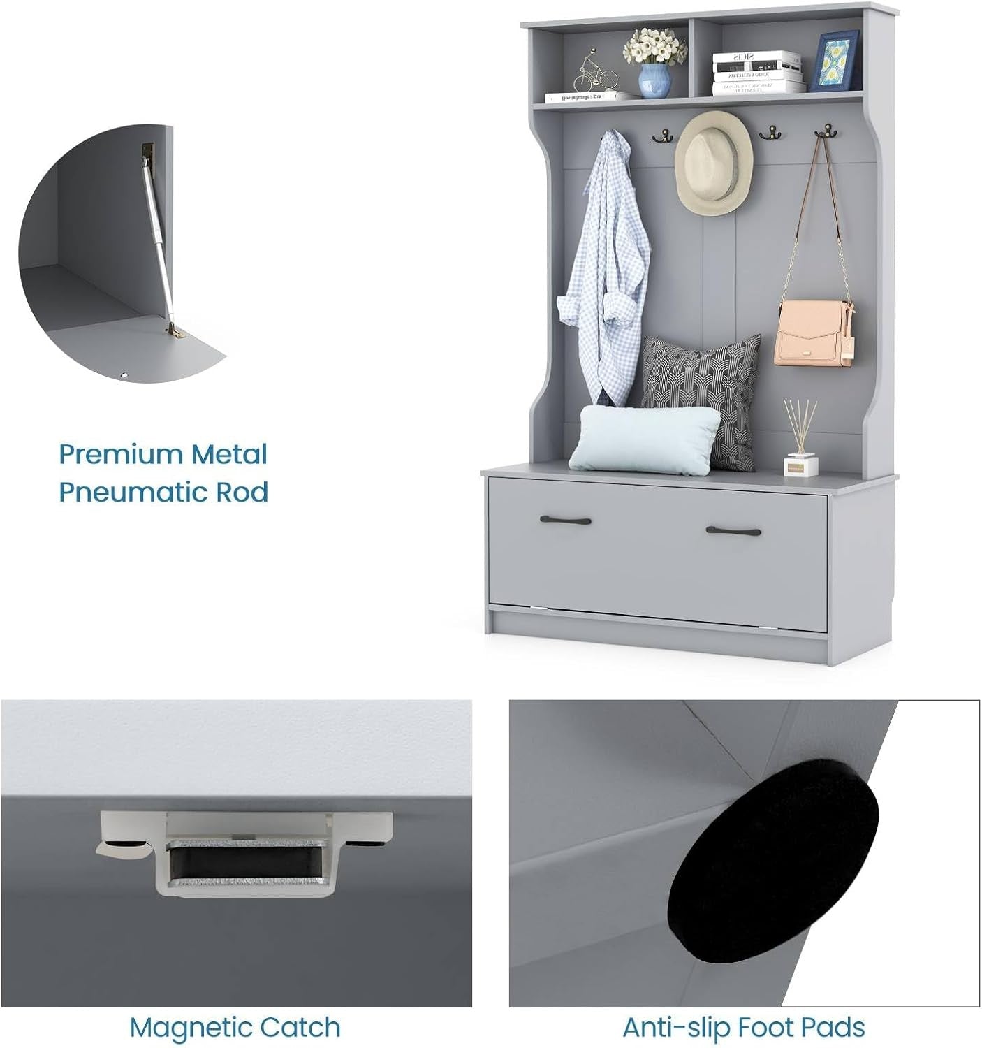 Grey Hall Tree Coat Rack with Shoe Storage Bench & Shelves for Entryway