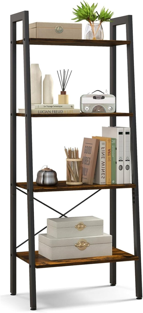 Rustic Brown Industrial Ladder Shelf 4-Tier Freestanding Storage Rack