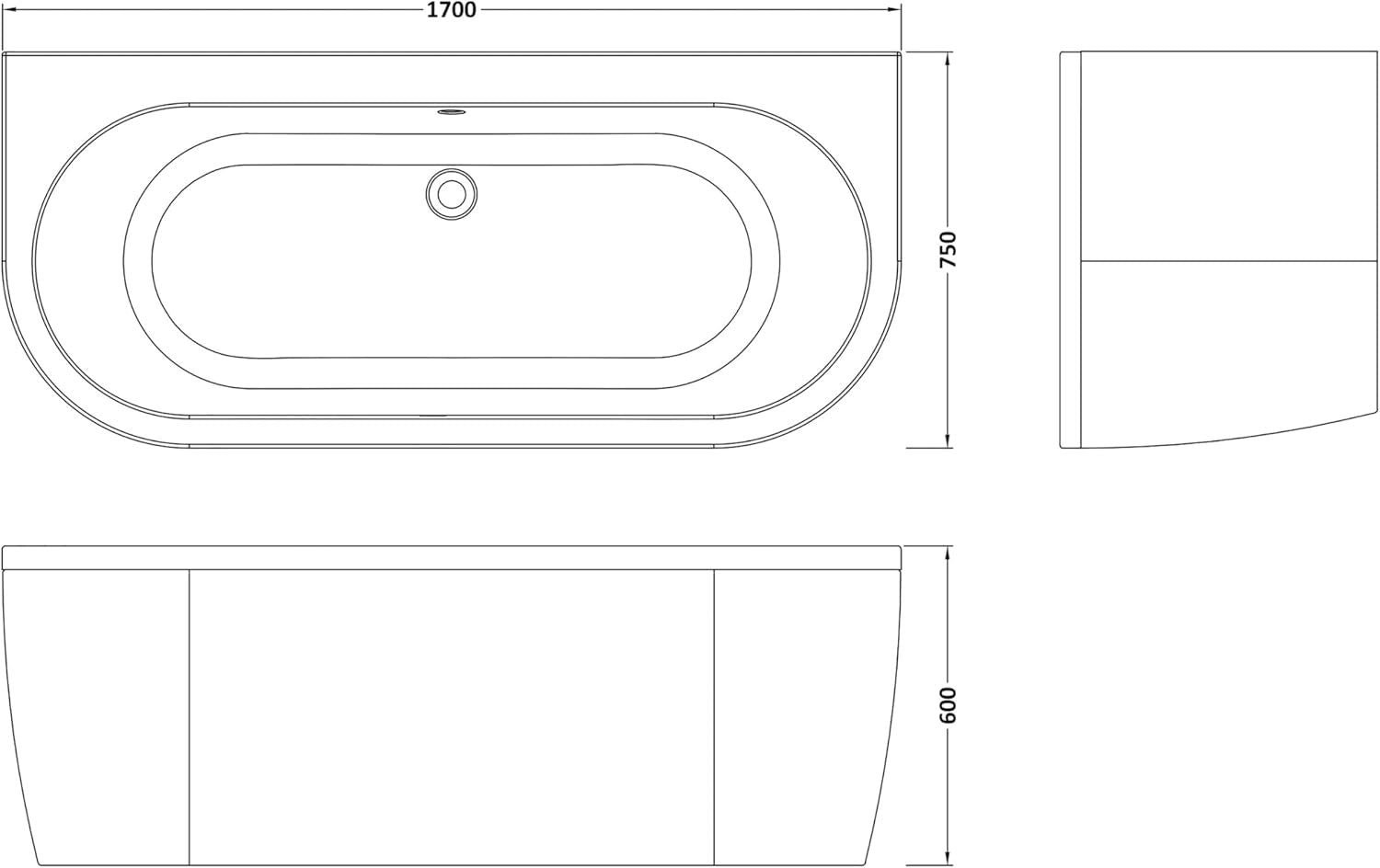 1700x750mm Oval Back-to-Wall Acrylic Shower Bath with Legs & Panels White