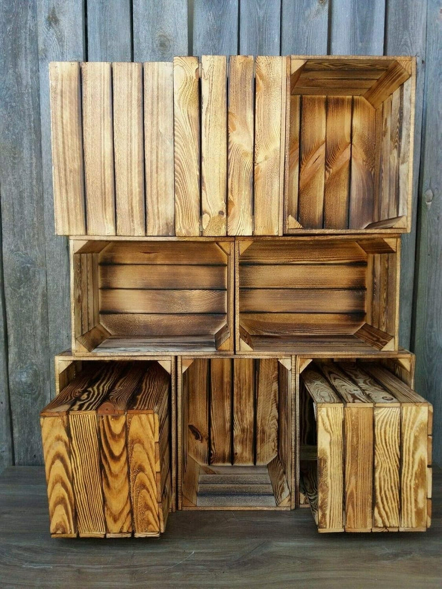 Brown Burnt Effect Wooden Crates 29x24x39cm – Handmade Set of 12