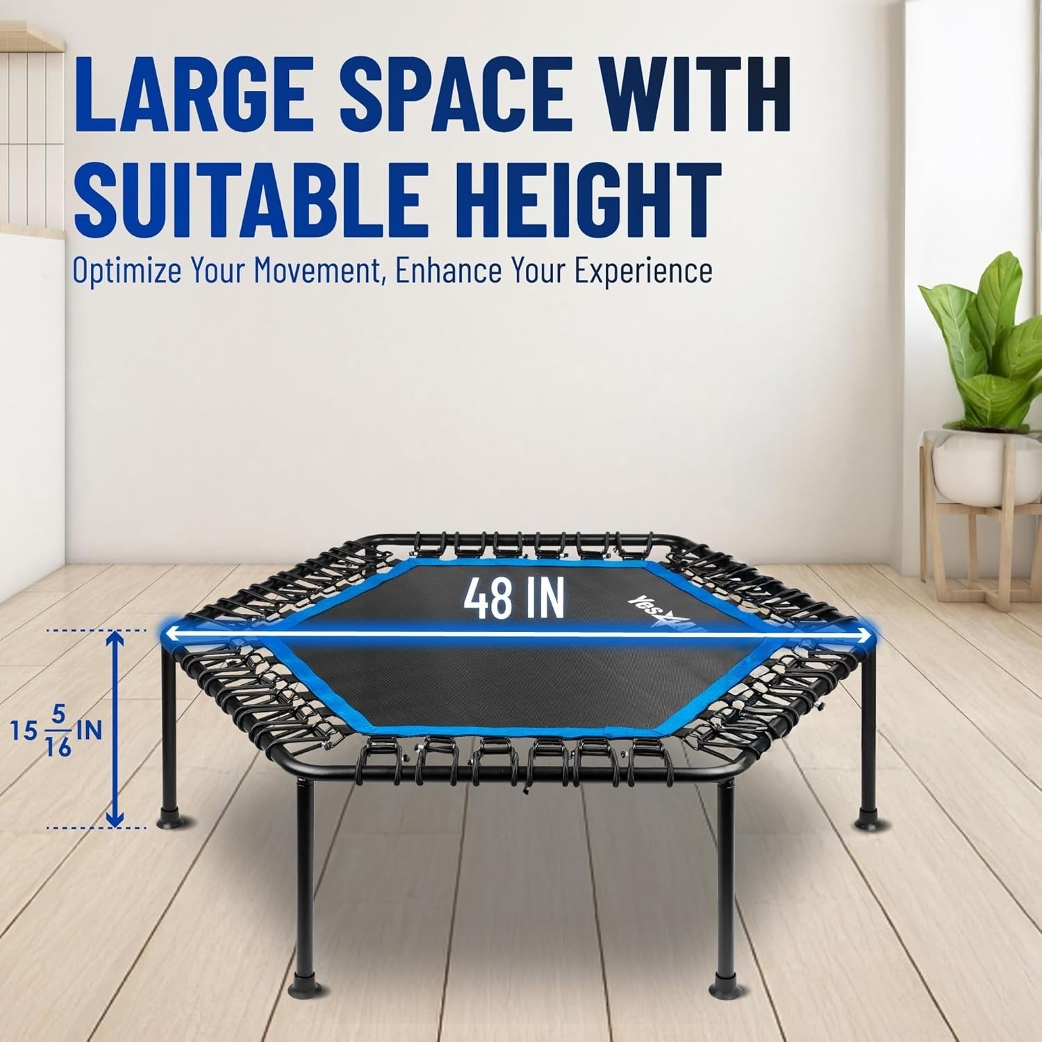 48in Hexagonal Fitness Rebounder Trampoline Silent Bungee 350lb