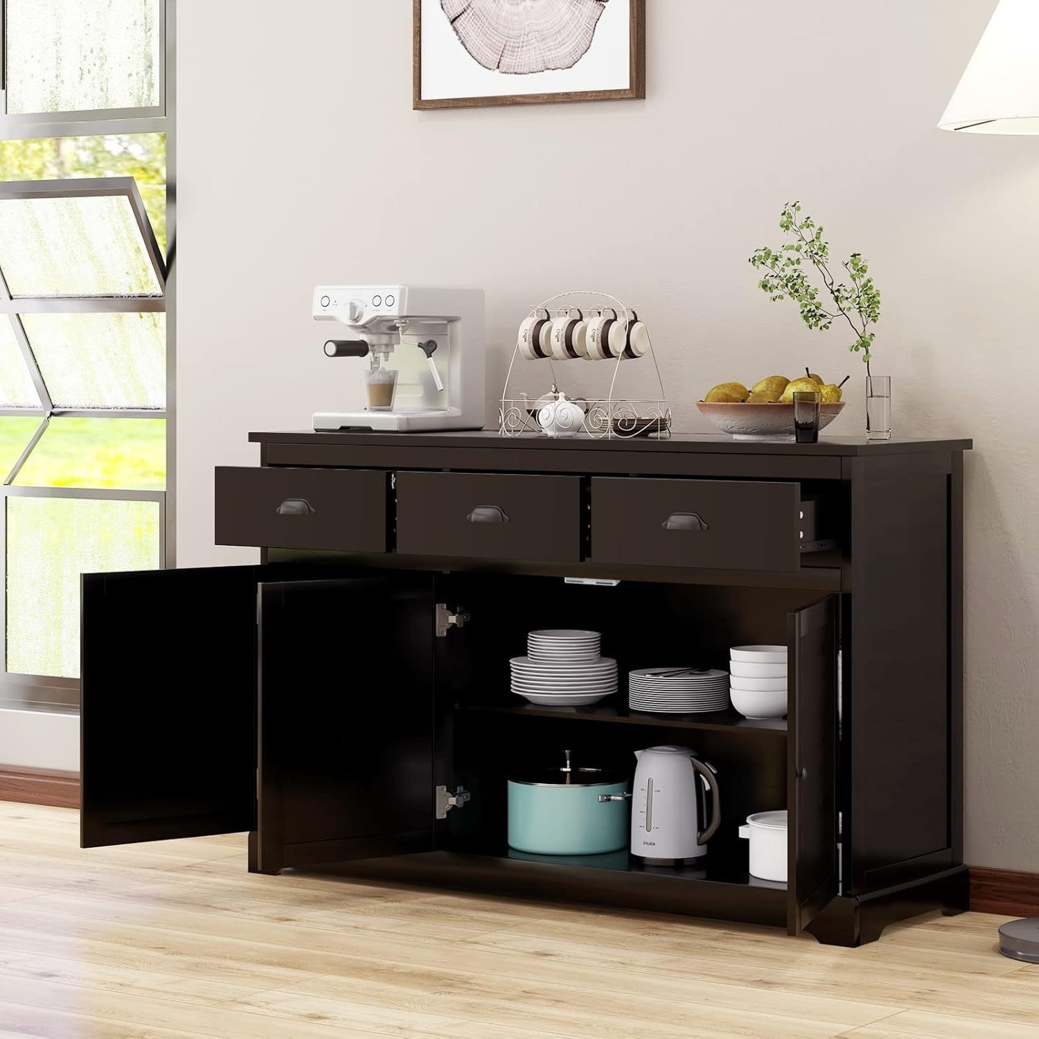 Dark Brown Sideboard Storage Cabinet with Drawers & Adjustable Shelf
