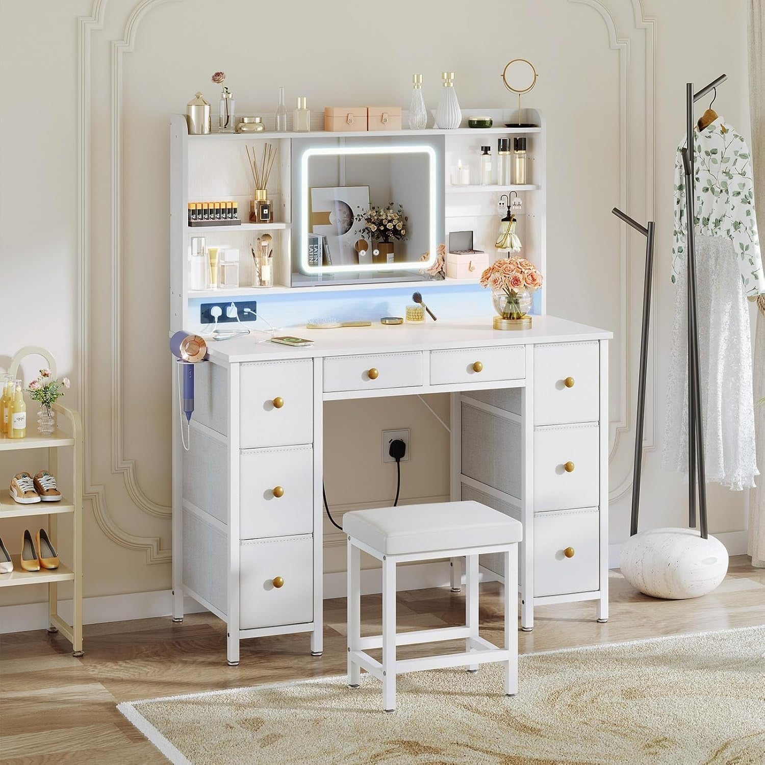 Modern Dressing Table w/ LED Mirror Power Outlet 8 Drawers & Chair White