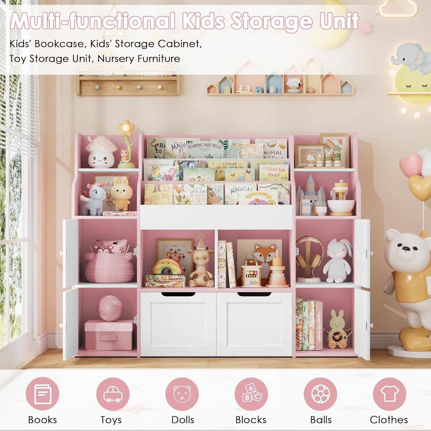 Kids Toy Storage Unit Bookcase with Doors Drawers & Shelves – White Pink