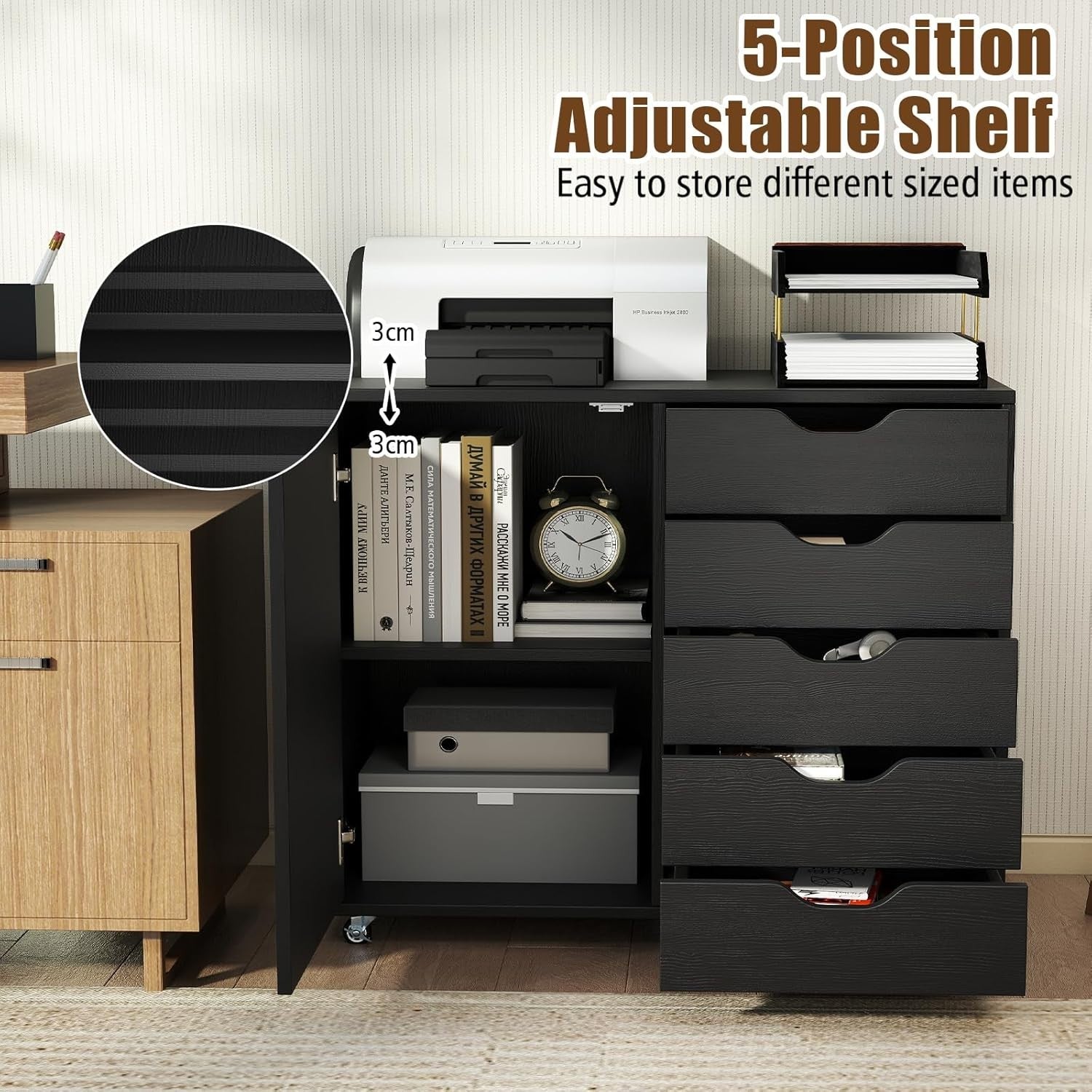 Black Mobile 5 Drawer File Cabinet with Side Cupboard Rolling Office