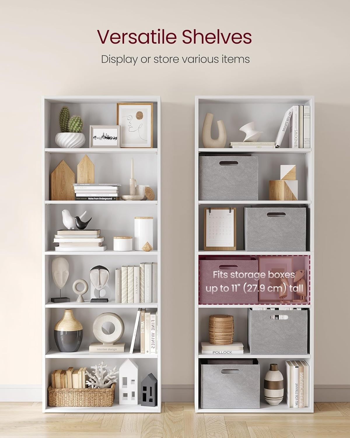 6 Tier Wooden Bookcase Tall Storage Display Book Shelf for Living Room White