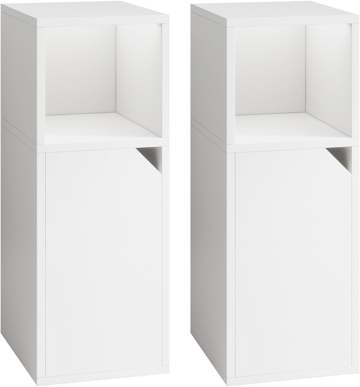 Slim White Bedside Tables Set of 2 – Narrow Nightstands with Door & Open Shelf