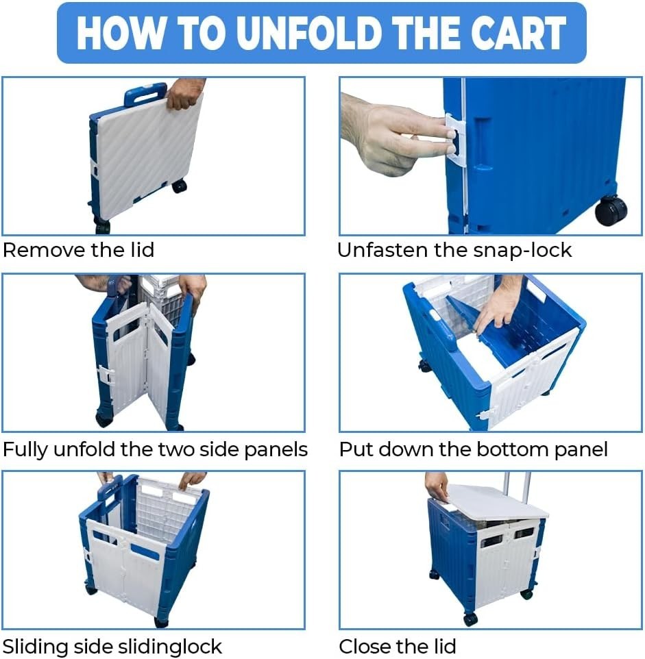 50L Folding Shopping Trolley Cart 4 Wheels Lid 40kg Pull Along Utility