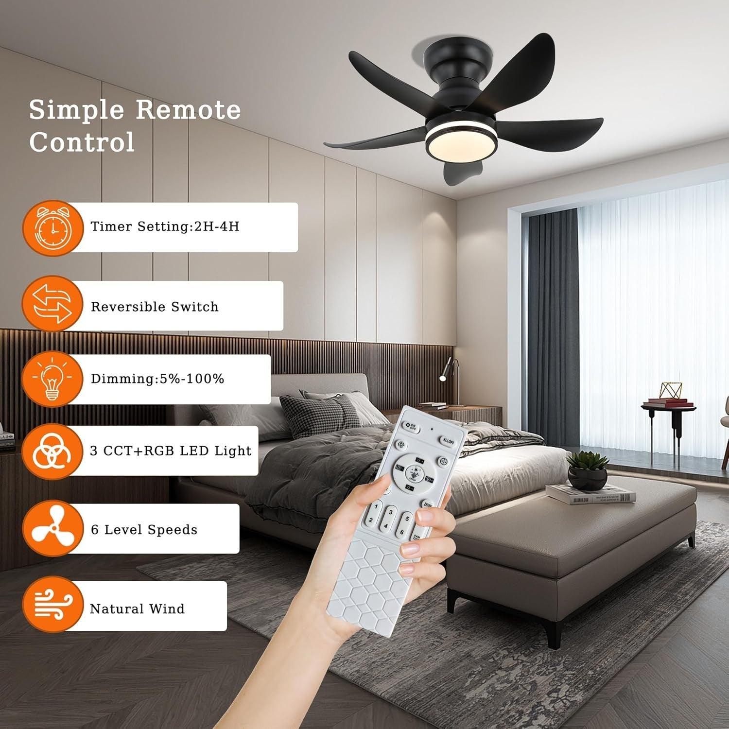 30" Ceiling Fan with Light, Remote, 6 Speeds, Dimmable, RGB, Black