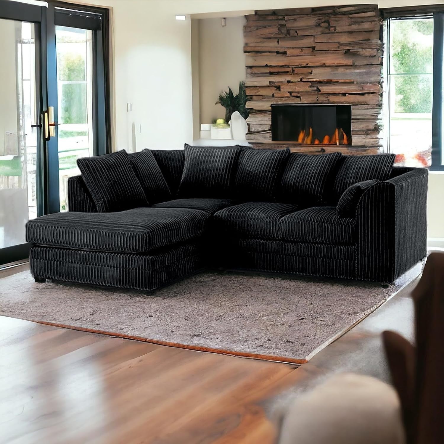 Black Jumbo Cord 4-Seater Corner Sofa Left Hand Facing | Durable Comfort