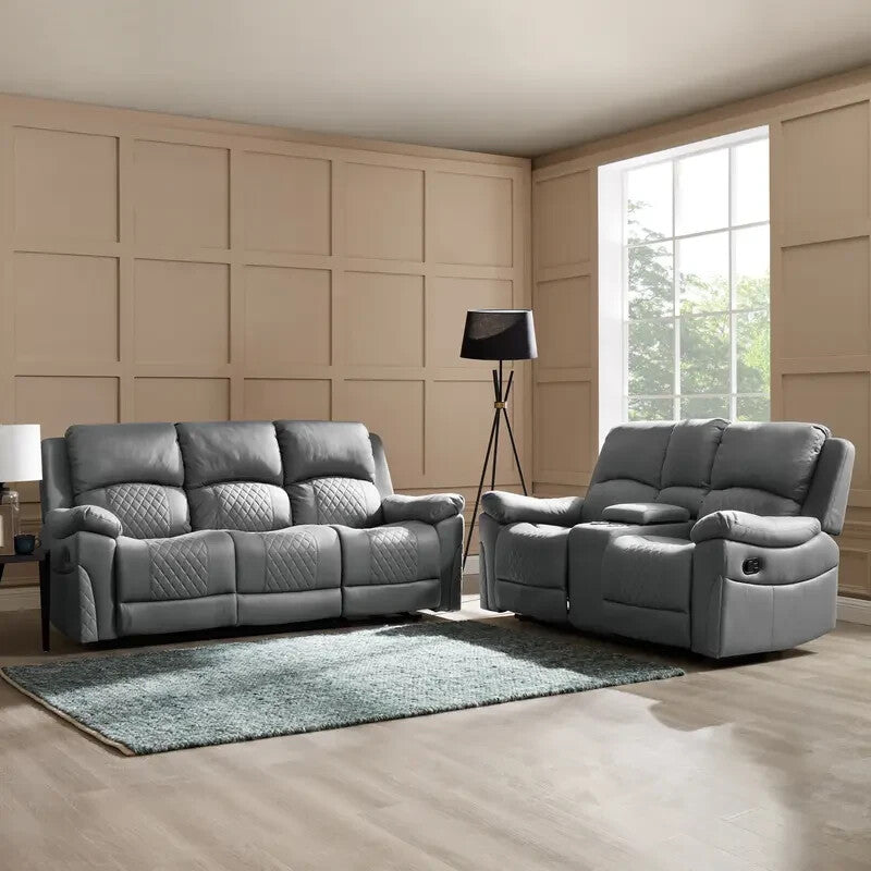 3 Seater Manual Recliner Sofa in Grey Air Leather with Diamond Stitching