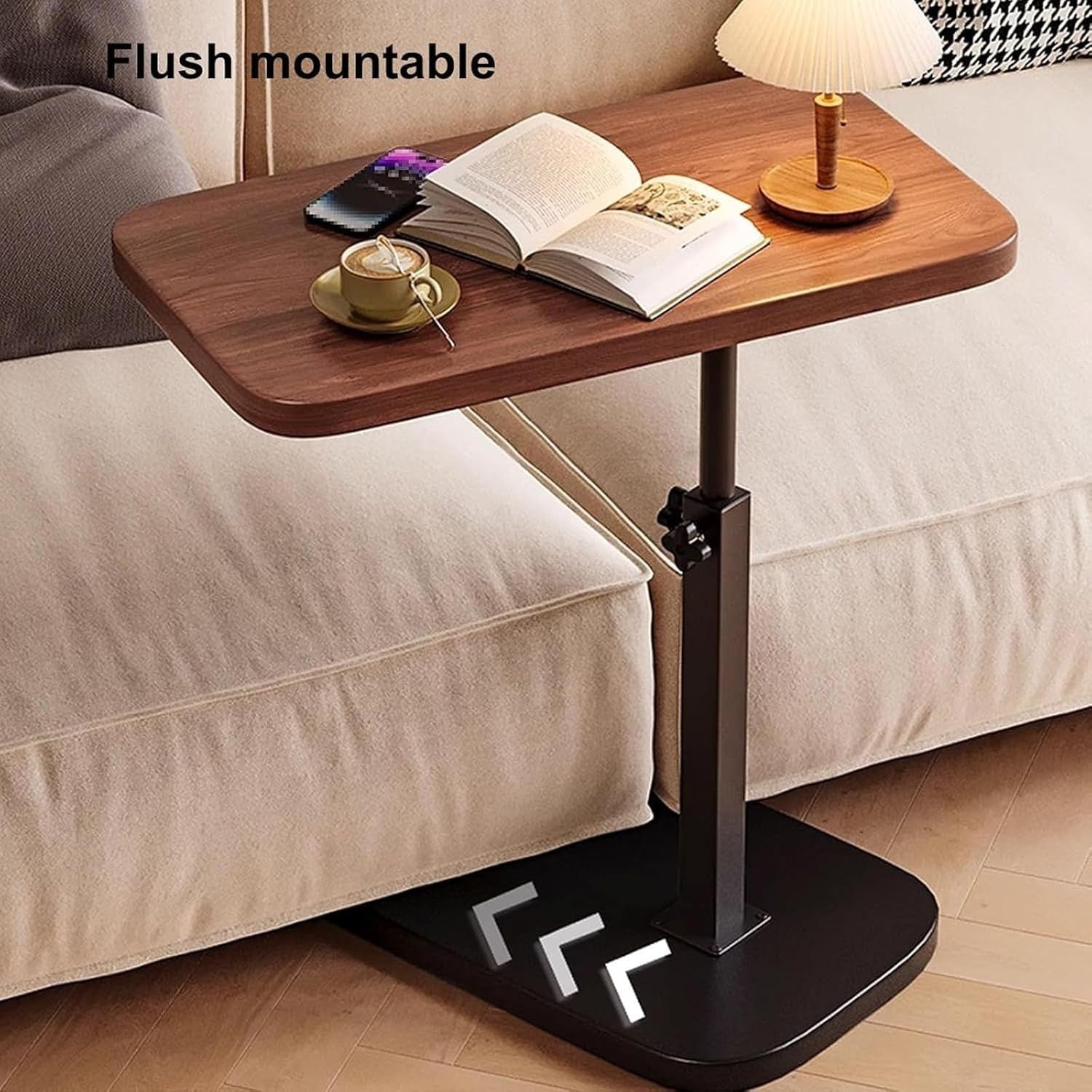 Oak Lift Top Laptop Side Table Adjustable Height 360° Swivel C Shape
