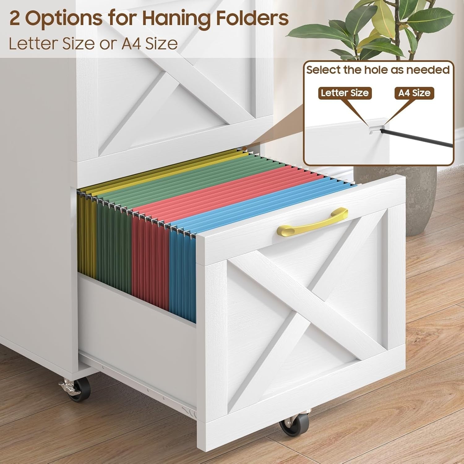 Farmhouse Rolling File Cabinet 2 Drawer A4 Letter Under Desk White