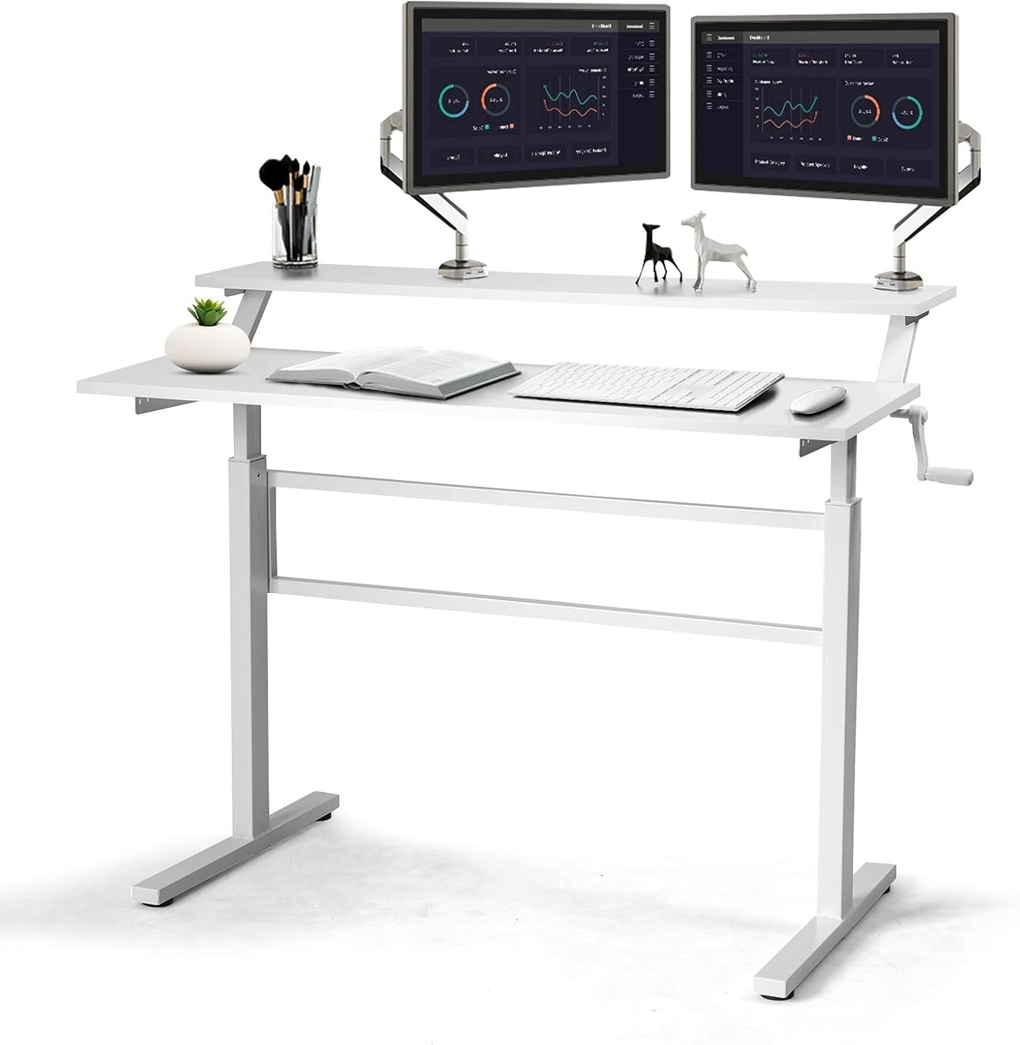 White Adjustable Standing Desk 113cm Crank Handle Sit Stand Table