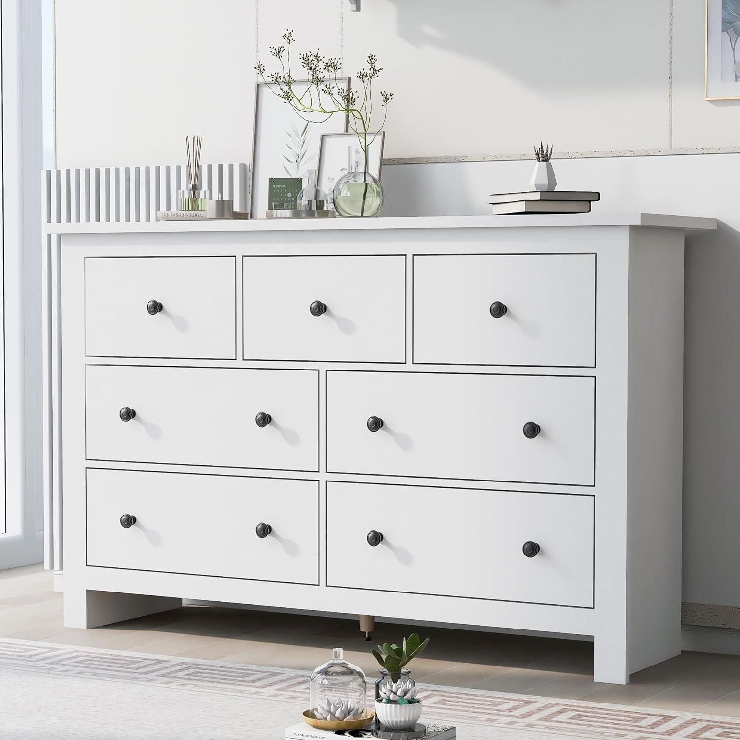 White 7 Drawer Chest Sideboard Cabinet for Bedroom, Living Room & Office