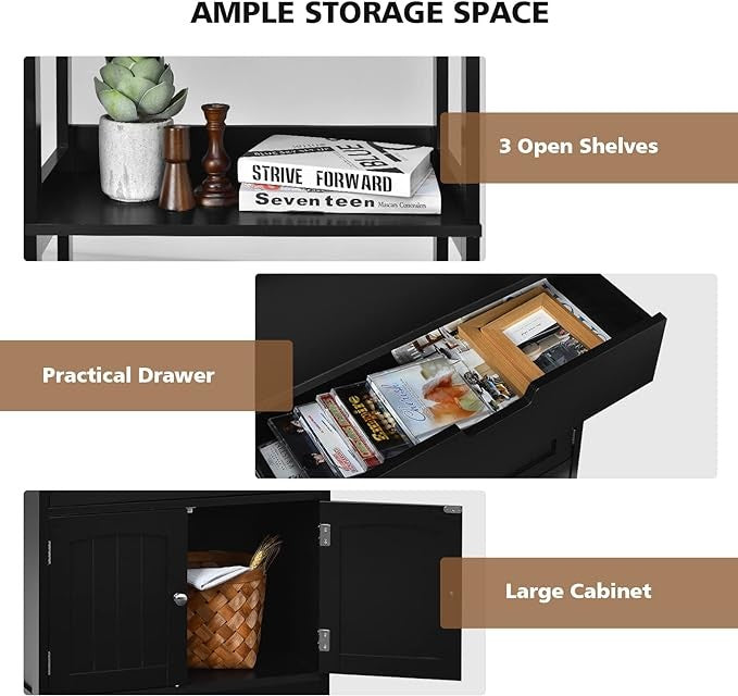 Freestanding Black Kitchen Storage Cabinet with Shelves Drawer Cupboard Modern