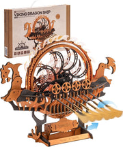 3D Wooden Viking Dragon Ship Puzzle Kit with LED Lights & Mechanical Gears