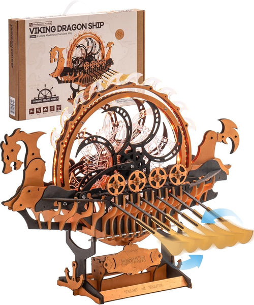 3D Wooden Viking Dragon Ship Puzzle Kit with LED Lights & Mechanical Gears