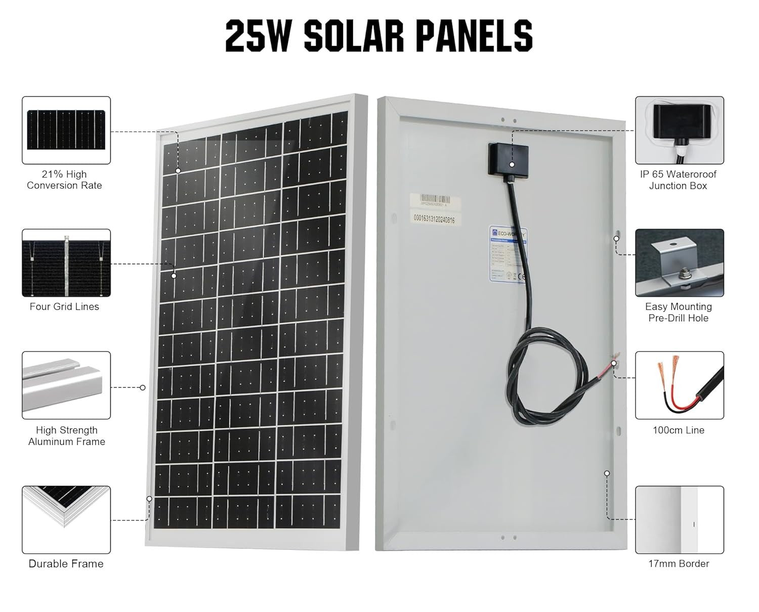 25W 12V Monocrystalline Solar Panel IP65 Waterproof Off Grid