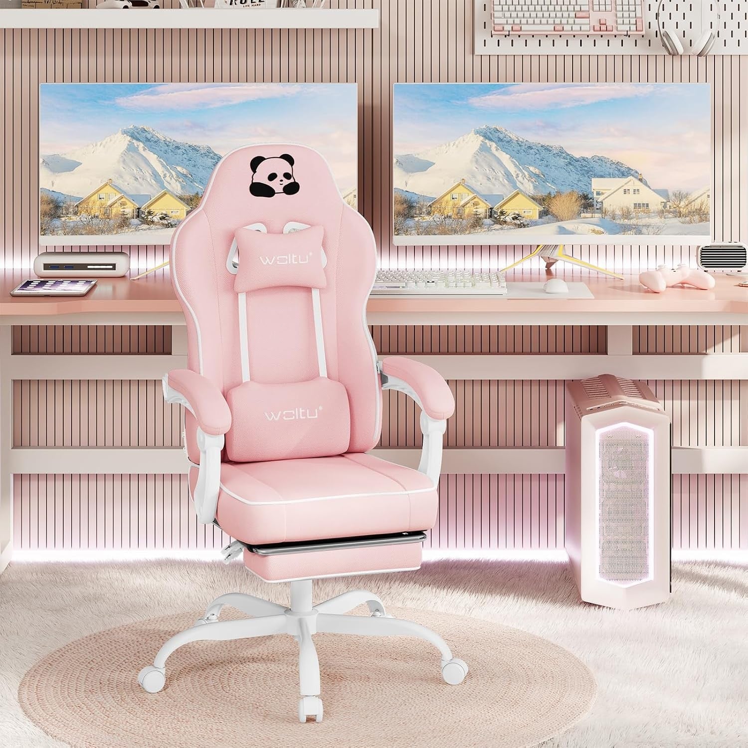 Ergonomic Gaming Chair w/ Pocket Spring Cushion Footrest 150kg Pink