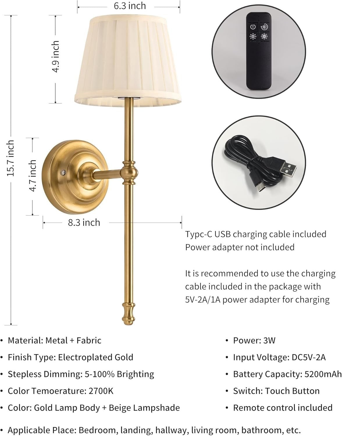 Cordless Rechargeable LED Wall Sconces with Remote, Dimmable, 5200mAh