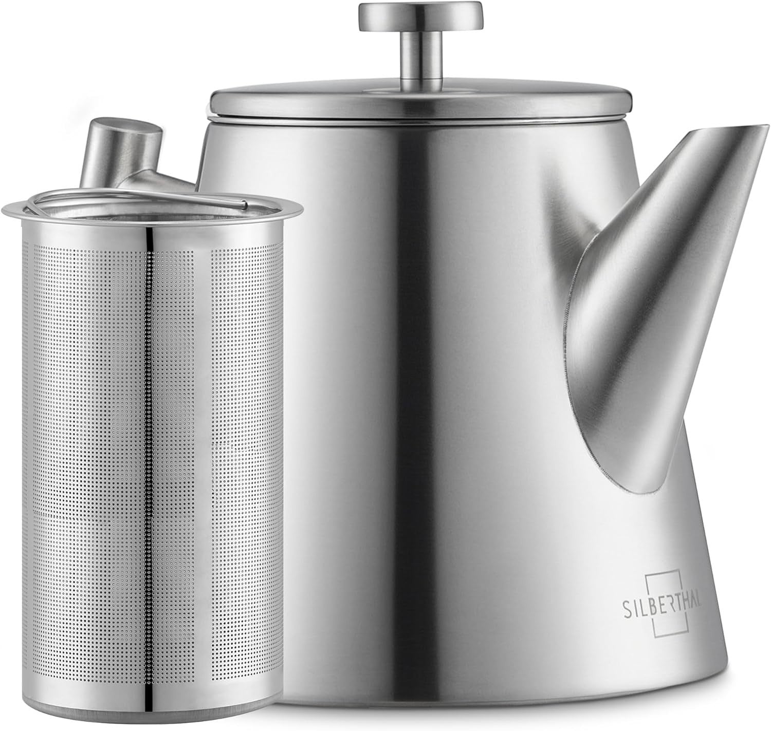 Stainless Steel Teapot 1L Double Wall Insulated w/ Tea Strainer Silver