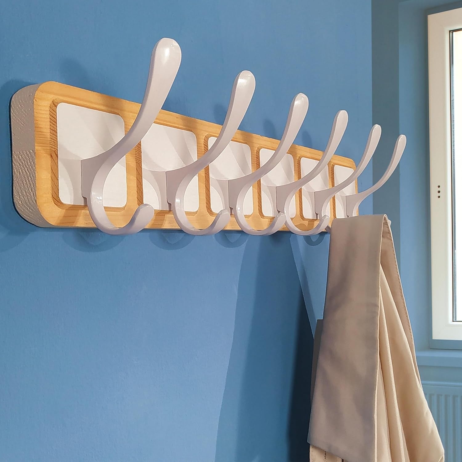 Scandi Wall Coat Rack Set | 2x 6 Hook Wooden Hanger Racks Natural & White