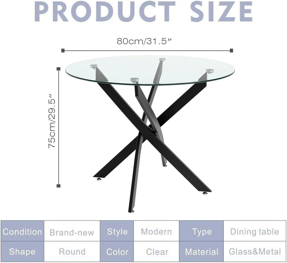Round Dining Table 80cm Black Metal Legs Tempered Glass Modern Kitchen