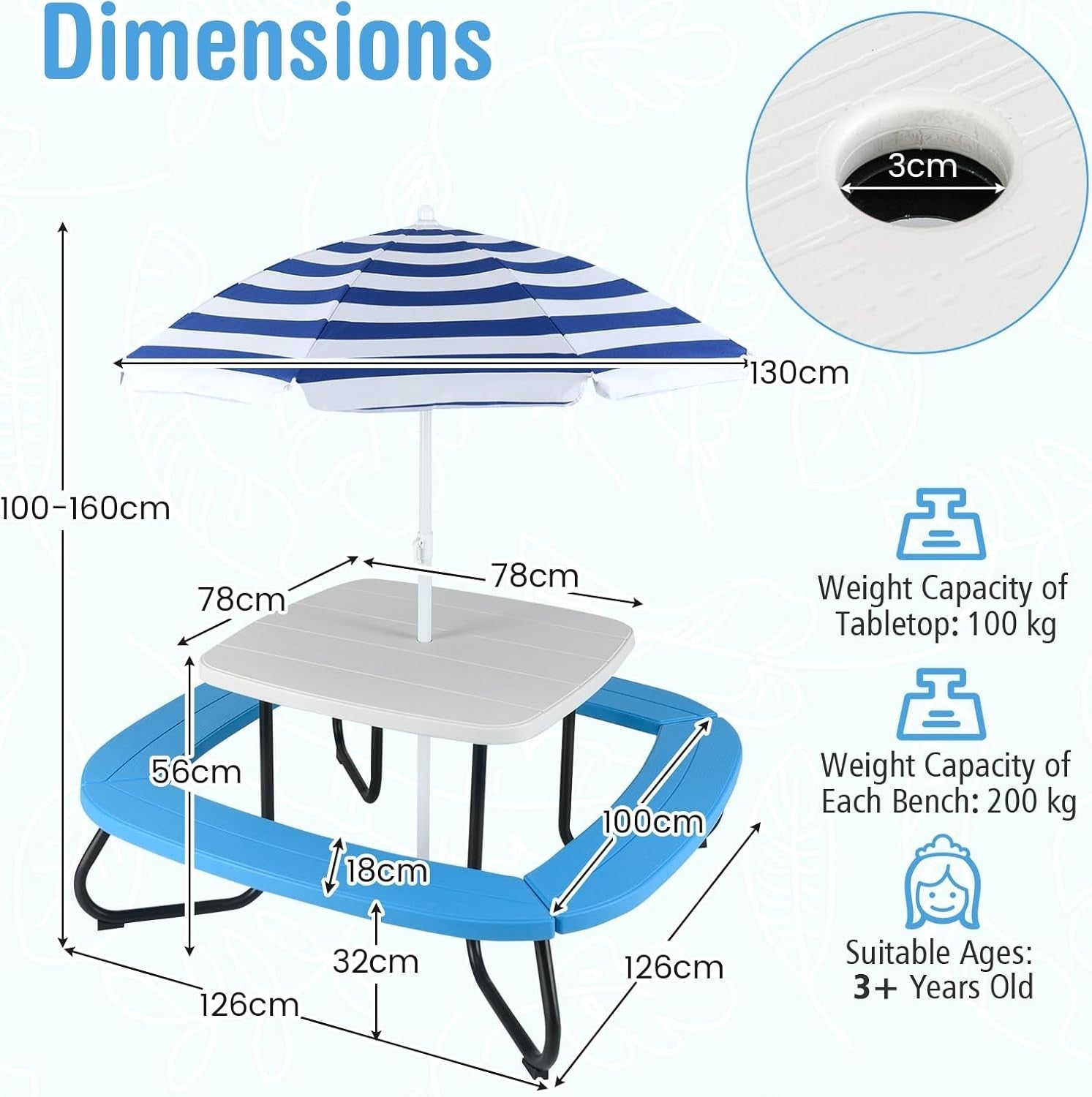 Kids Outdoor Picnic Table & Chairs Set with Adjustable Umbrella, Seats 8