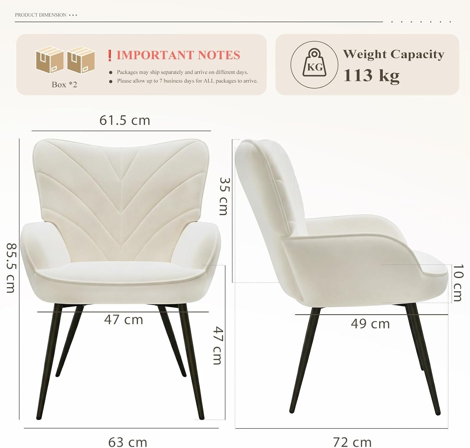 Cream White Velvet Accent Chair Wide Seat Black Metal Legs