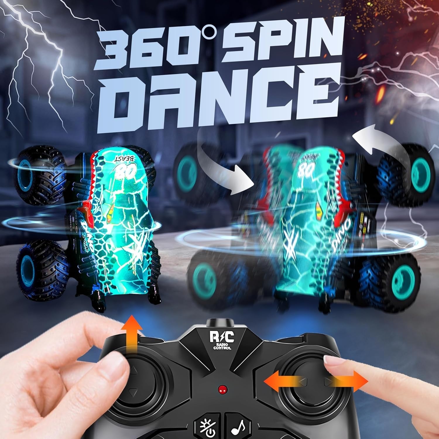 RC Monster Truck for Kids 3–8 – 360° Spin, LED Lights & Music, Off-Road Toy
