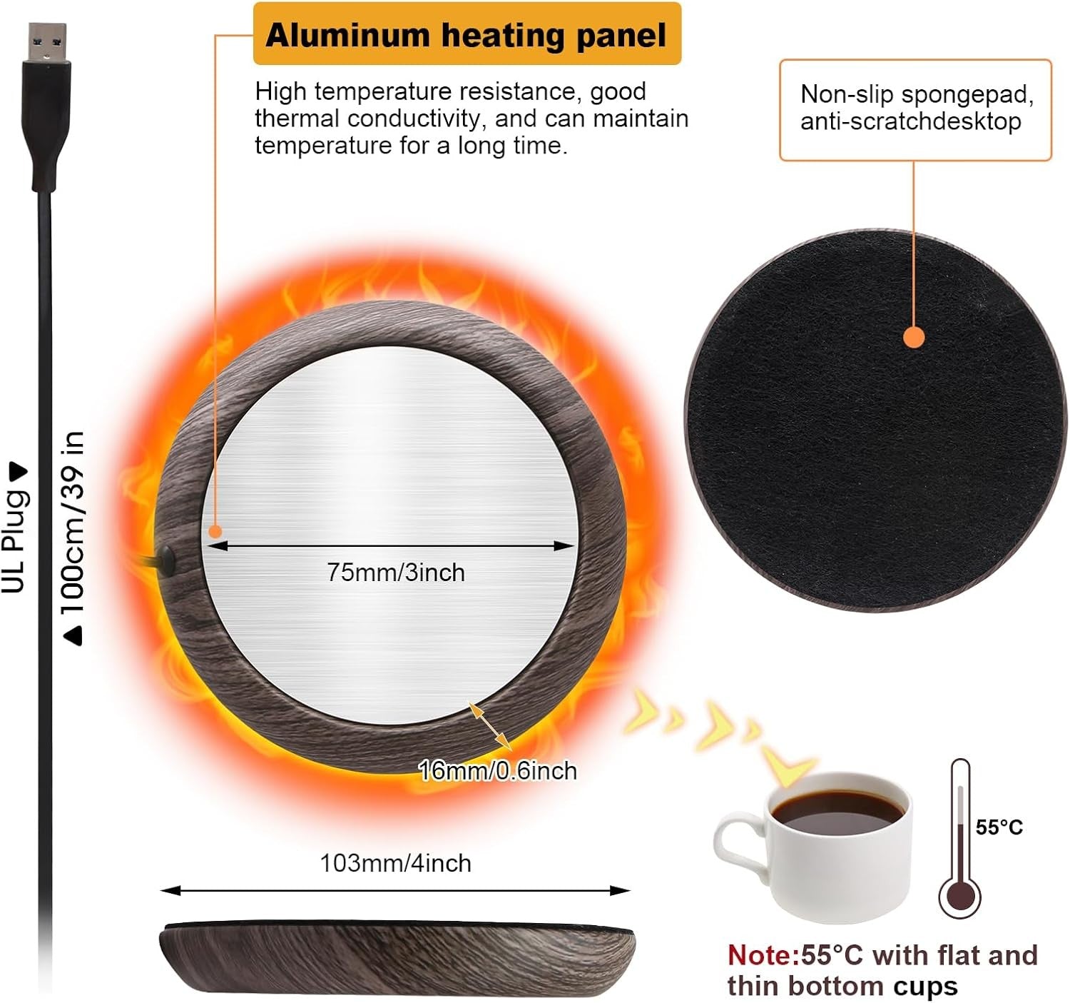 USB Coffee Mug Warmer Non Slip Heated Coaster 75mm