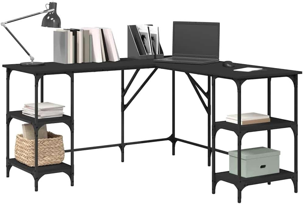 L-Shape Corner Desk with Shelves 139cm Black Office Study Computer Table