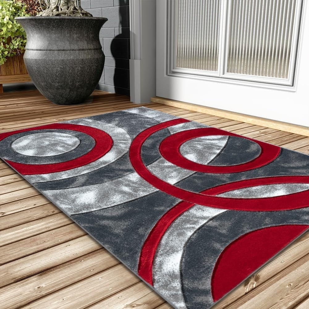 Red Grey Circle Door Mat 50x80cm Soft Non Shed Indoor Rug Kitchen Hallway